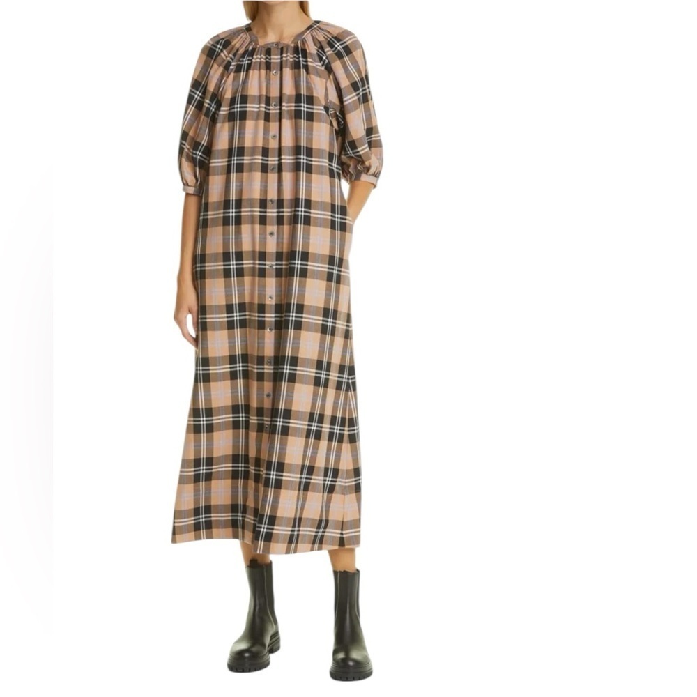 STAUD - Plaid Cotton Midi Dress Button Front Puff Sleeve Sz XS